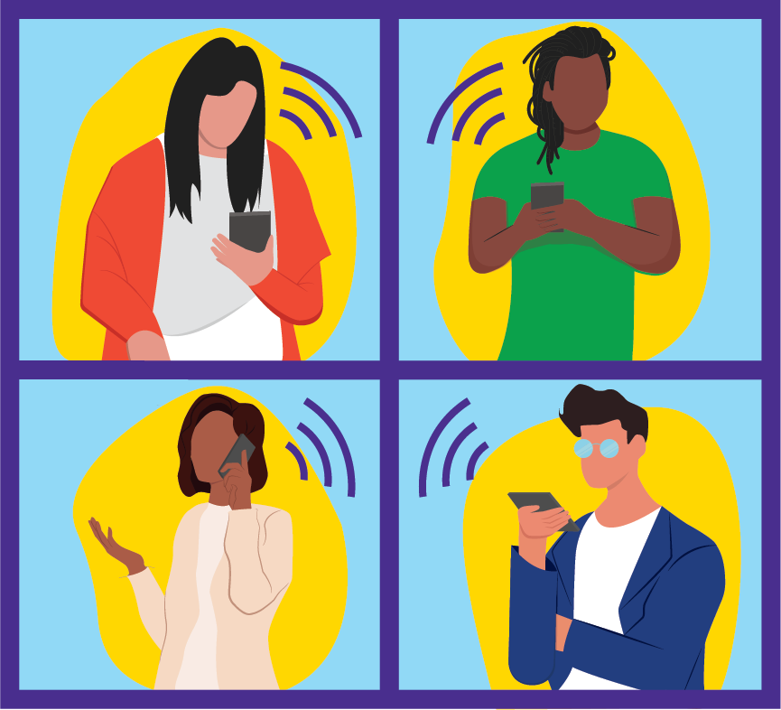 four people holding phones that are connected to the internet