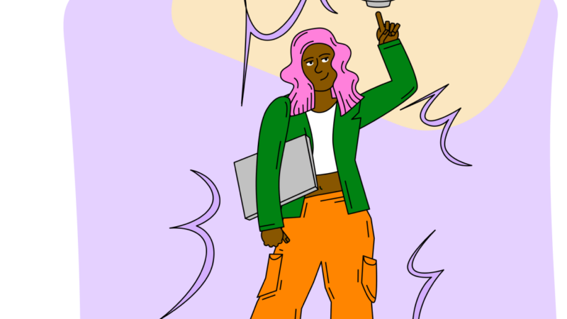 someone holding a laptop with one hand while another is pointing to a lightbulb above her head