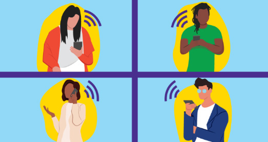 four people holding phones that are connected to the internet