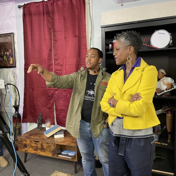 two people having conversation in a room