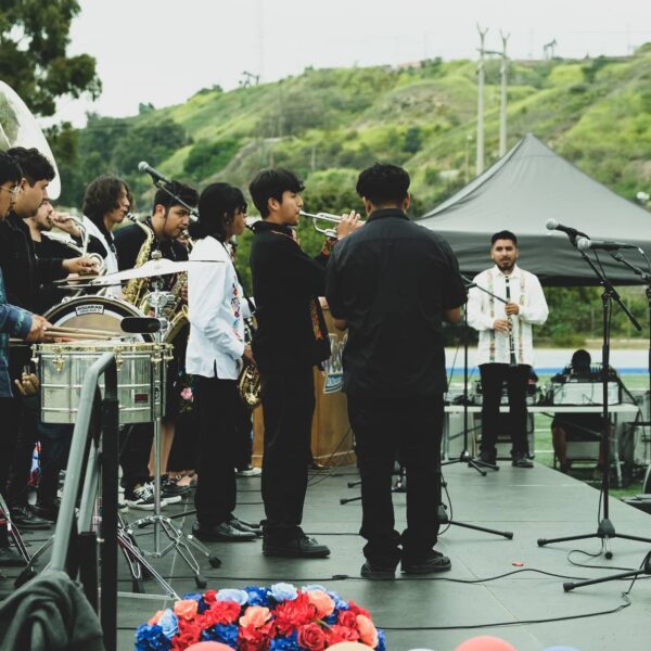 students playing band instruments